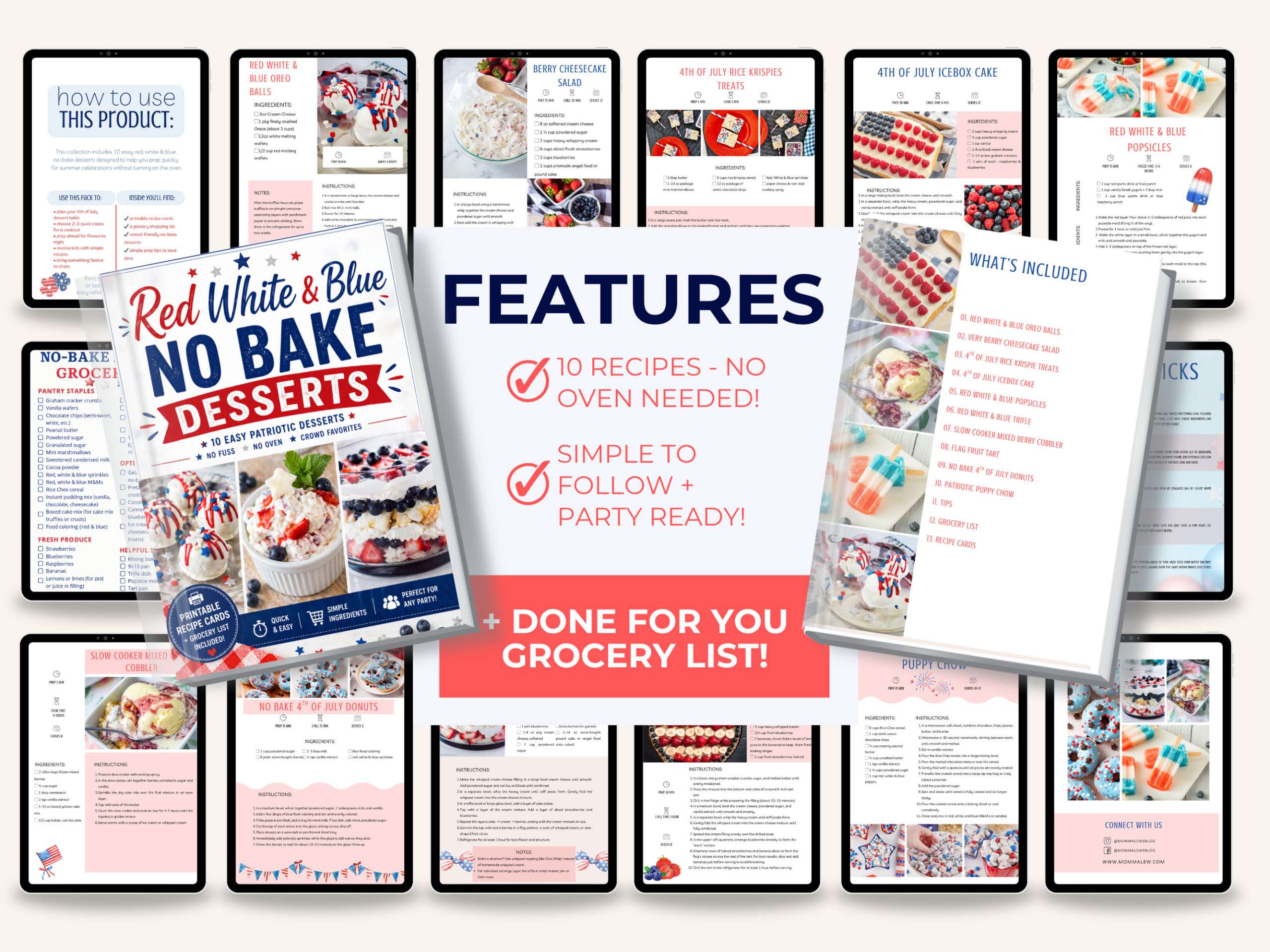 Easy patriotic desserts no oven printable recipe bundle with instant download recipes and grocery list, perfect for BBQs, Memorial Day, and 4th of July parties.