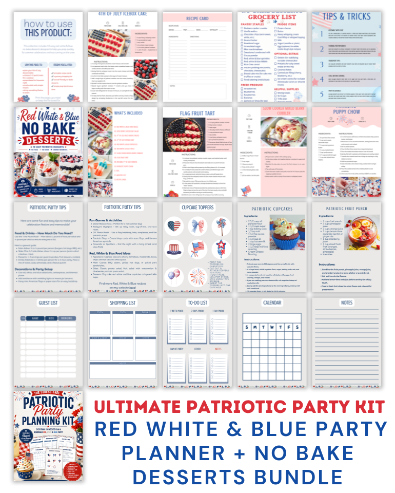 Printable patriotic party planner and no bake desserts bundle pages including recipes grocery list menu cards party signs and planning sheets