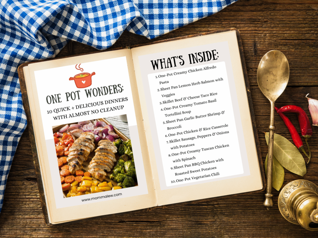 Open cookbook mockup showing the One Pot Wonders cover on the left and a ‘What’s Inside’ contents list on the right. The list features 10 one-pot dinner recipes. The book rests on a wooden surface with a blue gingham cloth, spices, and a spoon.