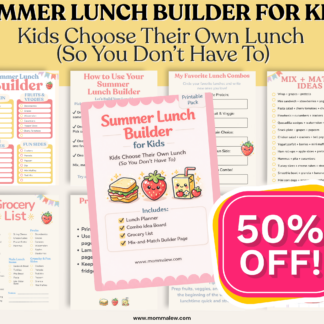 Summer Lunch Builder for Kids printable pack featuring lunch planner, mix-and-match meal ideas, grocery list, and combo board to help kids choose their own lunches and avoid “what’s for lunch” battles. with 50% off sticker