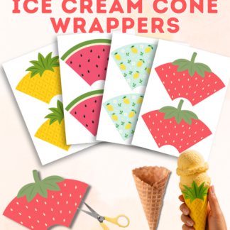 Summer Fruit Ice Cream Cone Wrapper Bundle featuring Lemon, Strawberry, Watermelon, and Pineapple printable cone sleeve designs with instant download and assembly preview.