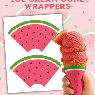 Watermelon ice cream cone with a printable watermelon wrapper held by a child against a picnic-inspired background with fresh watermelon slices.