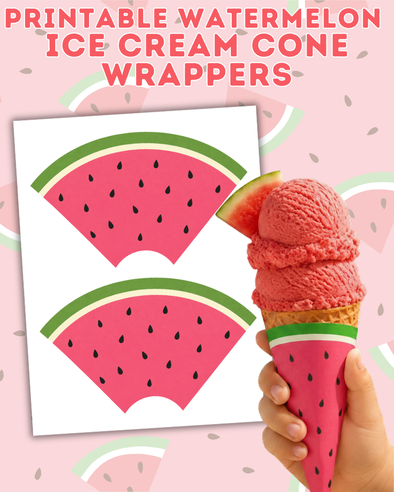Watermelon ice cream cone with a printable watermelon wrapper held by a child against a picnic-inspired background with fresh watermelon slices.
