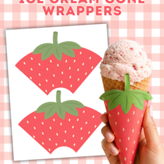 Printable strawberry ice cream cone wrappers displayed on a pink gingham background with a mockup of the assembled strawberry cone sleeve and strawberry ice cream.