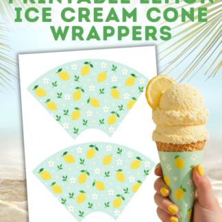 Printable lemon ice cream cone wrappers displayed on a beach-themed background with a mockup of the wrapped ice cream cone and bold summer text.