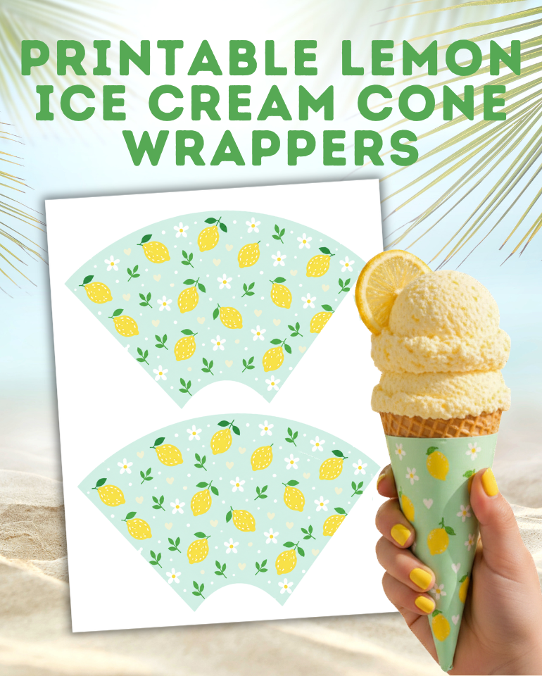 Printable lemon ice cream cone wrappers displayed on a beach-themed background with a mockup of the wrapped ice cream cone and bold summer text.