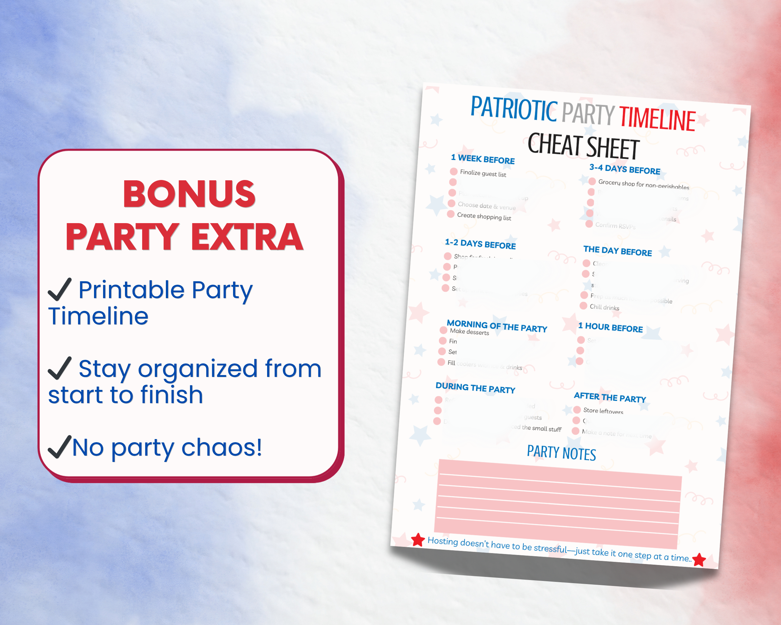 Bonus patriotic party printable timeline cheat sheet with checklist for stress free party planning and organization displayed with red white and blue design