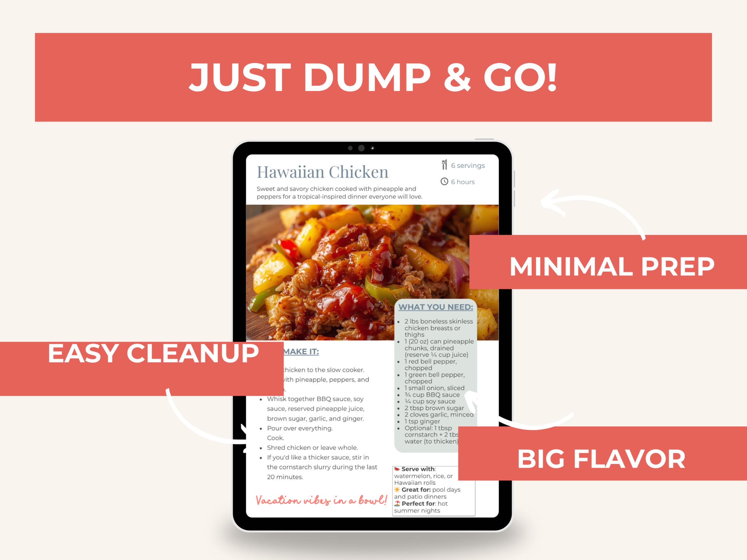 Mockup of a summer crockpot meal ebook displayed on a tablet featuring Hawaiian chicken with text highlighting βJust Dump & Go,β βMinimal Prep,β βEasy Cleanup,β and βBig Flavor.β