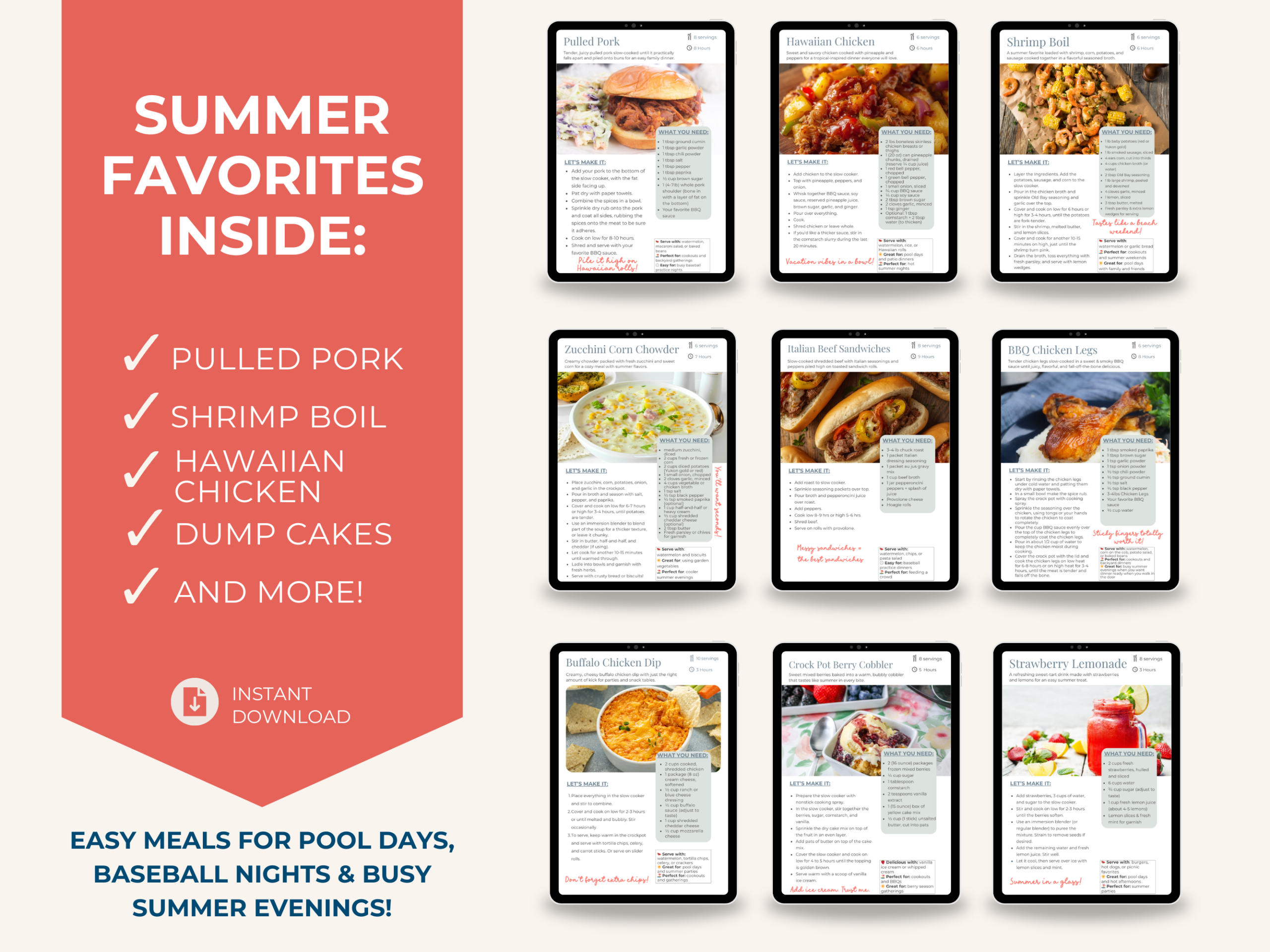 Preview collage of summer crockpot recipe pages including pulled pork, shrimp boil, Hawaiian chicken, zucchini corn chowder, Italian beef sandwiches, BBQ chicken legs, buffalo chicken dip, berry cobbler, and strawberry lemonade.