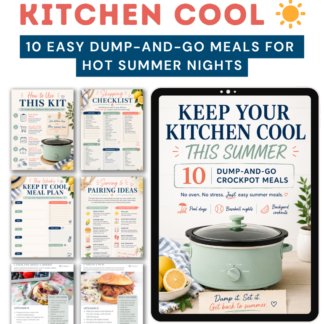 Promotional graphic for the “Keep Your Kitchen Cool This Summer” digital cookbook featuring crockpot meals, meal planners, shopping checklists, and printable summer dinner pages.