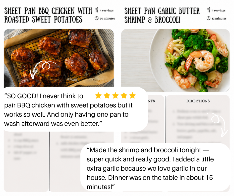One-Pot Wonders recipe preview featuring sheet pan BBQ chicken with roasted sweet potatoes and garlic butter shrimp with broccoli, with customer reviews highlighting easy cleanup and quick cooking.
