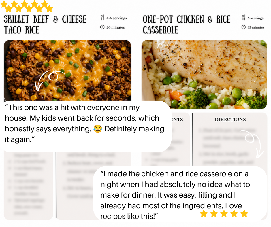 One-Pot Wonders recipe preview featuring skillet beef and cheese taco rice and one-pot chicken and rice casserole, with 5-star customer reviews about easy, family-friendly weeknight dinners.