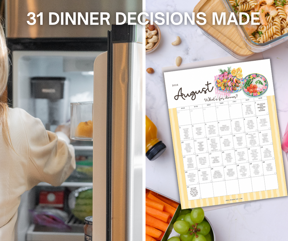 Printable August meal planning calendar featuring 31 easy dinner ideas shown next to meal prep containers and fresh ingredients.