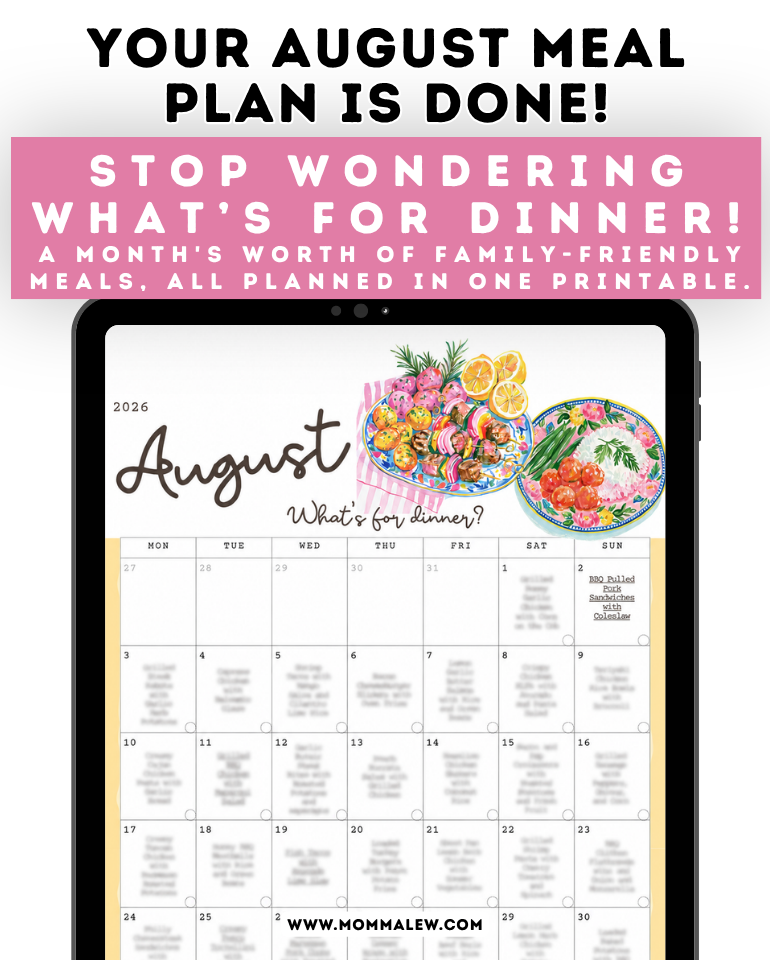 August Printable Dinner Idea Calendar | 31 Days of Easy Family Meal Ideas
