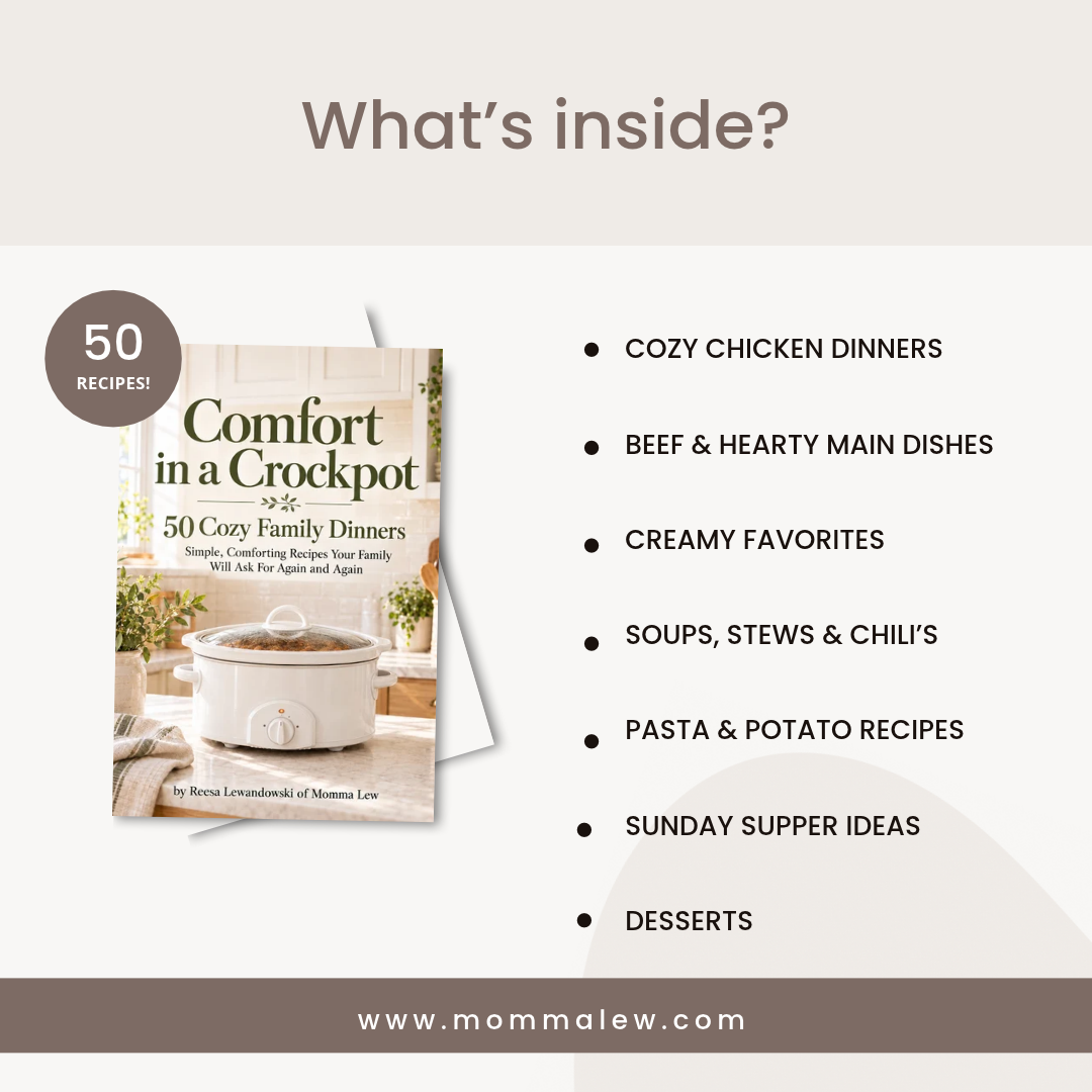 Comfort in a Crockpot cookbook beside a list of recipe categories, including chicken dinners, hearty mains, soups, pasta, and desserts.