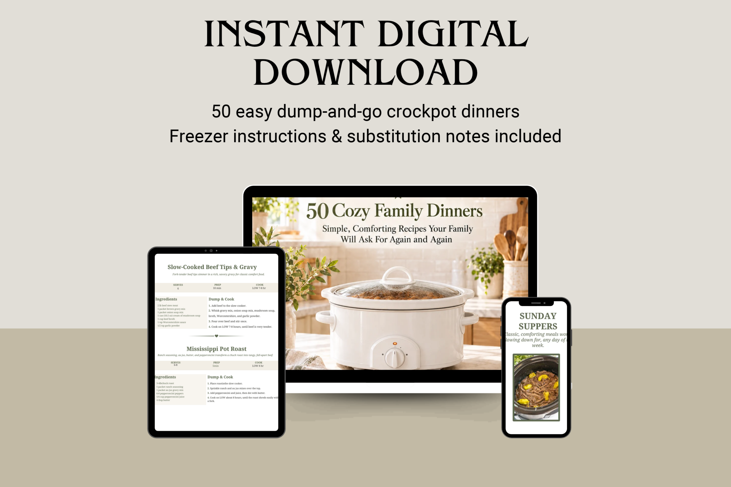 Comfort in a Crockpot digital cookbook displayed on a computer, tablet, and phone, with sample recipe pages visible