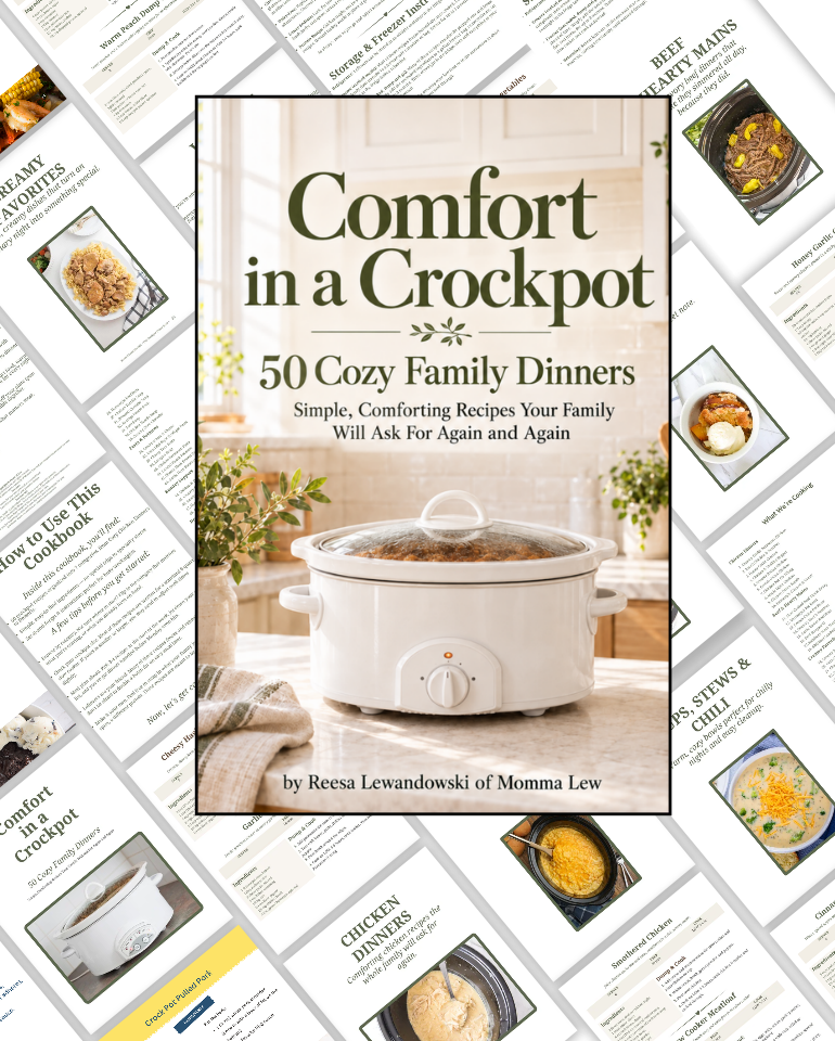 Comfort in a Crockpot cookbook cover displayed over a preview of its recipe pages.
